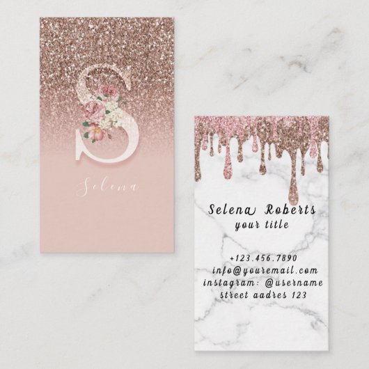 ピンクエレガントフローラモノグラムイニシャル金ゴールド文字S 名刺 (正面/裏面)