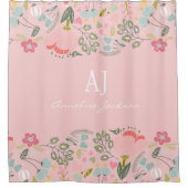ピンクエレガントフローラモノグラムパーソナライズされた名 シャワーカーテン (正面)
