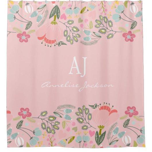 ピンクエレガントフローラモノグラムパーソナライズされた名 シャワーカーテン (正面)