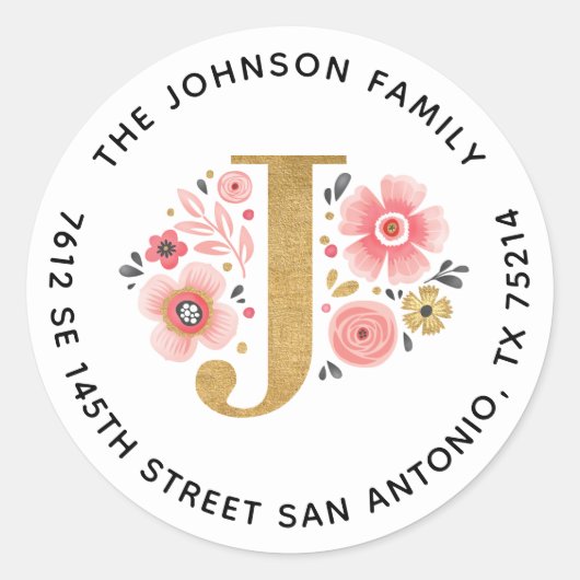 ピンクエレガントフローラモノグラム差出人住所ラベル ラウンドシール (正面)