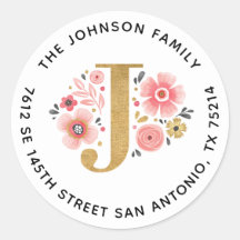 ピンクエレガントフローラモノグラム差出人住所ラベル