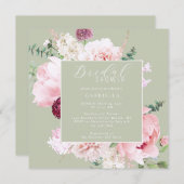 ピンクエレガントフローラライトセージ緑ブライダルシャワー 招待状 (正面/裏面)