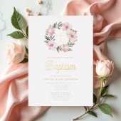 ピンクエレガントフローラリースガールバプティスマ金ゴールド 箔招待状
