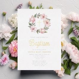 ピンクエレガントフローラリースガールバプティスマ金ゴールド 箔招待状