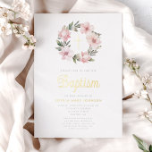 ピンクエレガントフローラリースガールバプティスマ金ゴールド 箔招待状