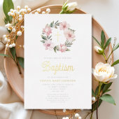 ピンクエレガントフローラリースガールバプティスマ金ゴールド 箔招待状