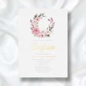 ピンクエレガントフローラリースガールバプティスマ金ゴールド 箔招待状