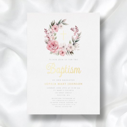 ピンクエレガントフローラリースガールバプティスマ金ゴールド 箔招待状