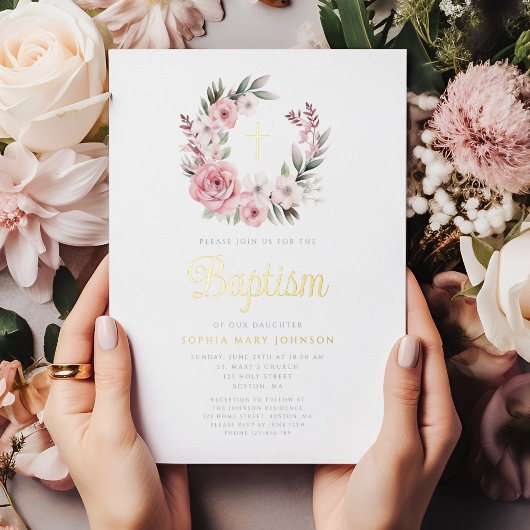 ピンクエレガントフローラリースガールバプティスマ金ゴールド 箔招待状