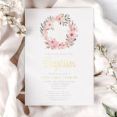 ピンクエレガントフローラリースガールバプテスマ 箔招待状
