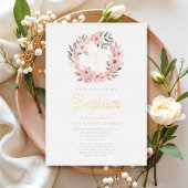 ピンクエレガントフローラリースガールバプテスマ 箔招待状