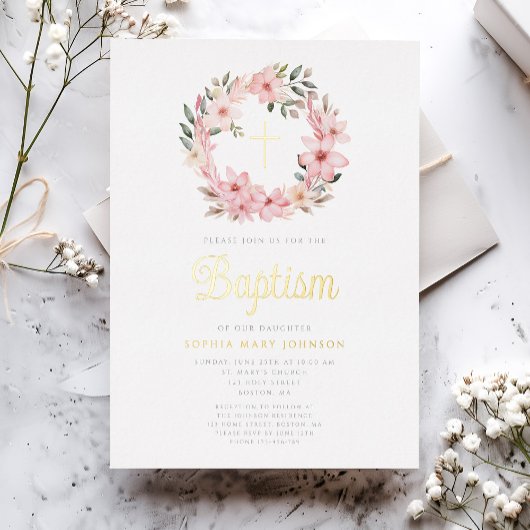 ピンクエレガントフローラリースガールバプテスマ 箔招待状