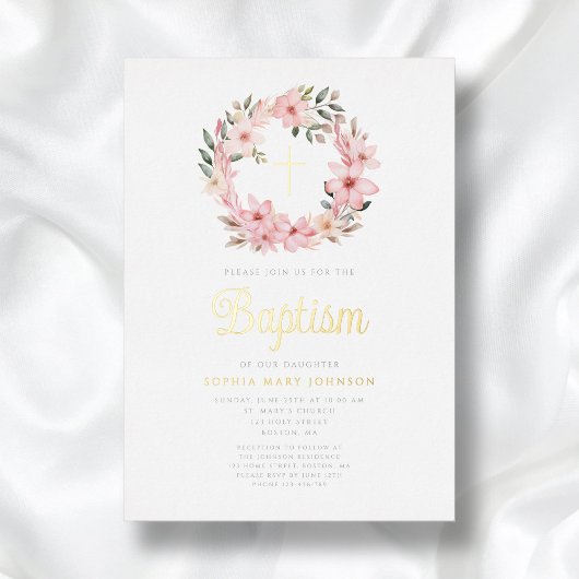 ピンクエレガントフローラリースガールバプテスマ 箔招待状