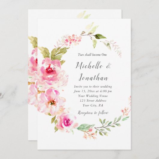 ピンクエレガントフローラリースクリスチャン結婚ズ 招待状 (正面/裏面)