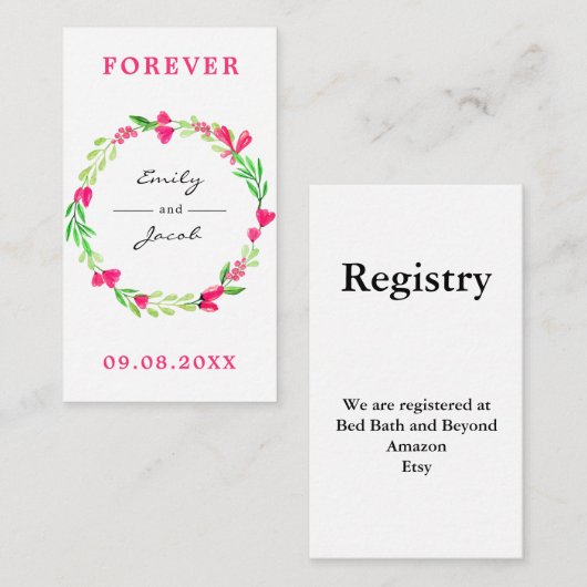 ピンクエレガントフローラリースホワ結婚イトのレジストリ エンクロージャーカード (正面/裏面)