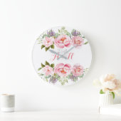 ピンクエレガントフローラリースモノグラ結婚ム25日 ラージ壁時計 (ホーム)