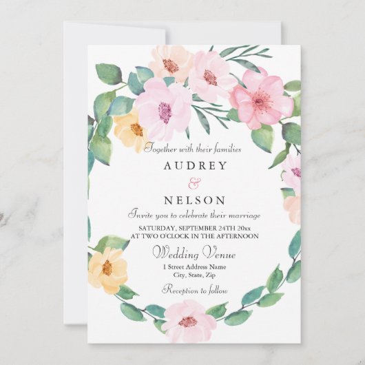 ピンクエレガントフローラリーフリース結婚ズ 招待状 (正面)