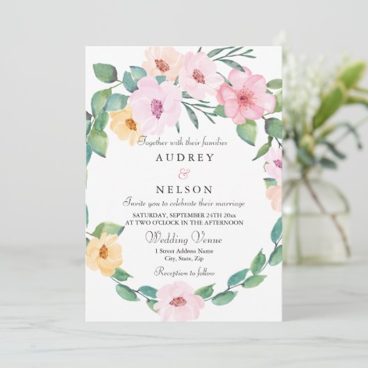 ピンクエレガントフローラリーフリース結婚ズ 招待状 (スタンド正面)