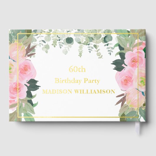 ピンクエレガントフローラ任意の年誕生日ゴールドフォイル ゲストブック (裏面)