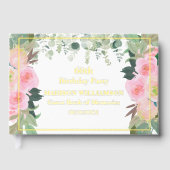 ピンクエレガントフローラ任意の年誕生日ゴールドフォイル ゲストブック (正面)