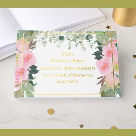 ピンクエレガントフローラ任意の年誕生日ゴールドフォイル ゲストブック