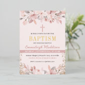 ピンクエレガントフローラ写真バプテスマ 箔招待状 (立ち正面)