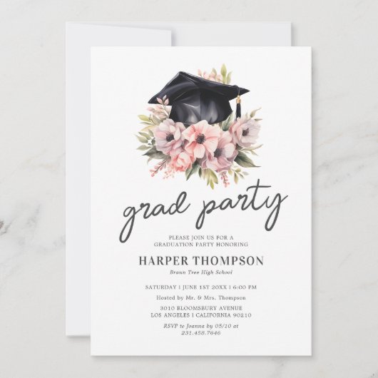 ピンクエレガントフローラ写真卒業パーティー 招待状 (正面)