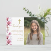 ピンクエレガントフローラ写真第1聖餐式 サンキューカード (スタンド正面)