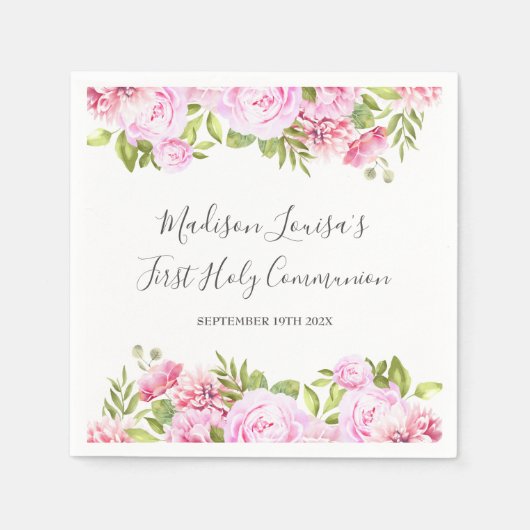 ピンクエレガントフローラ初の聖餐式 スタンダードカクテルナプキン (正面)