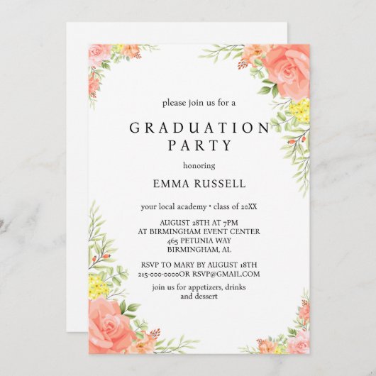 ピンクエレガントフローラ卒業パーティー 招待状 (正面/裏面)