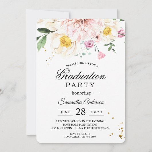 ピンクエレガントフローラ卒業パーティー 招待状 (正面)