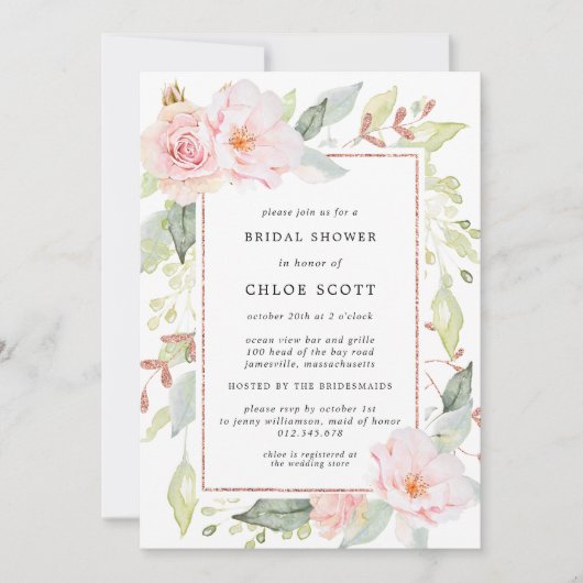 ピンクエレガントフローラ及びバラ金ゴールドブライダルシャワー 招待状 (正面)
