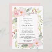 ピンクエレガントフローラ及びバラ金ゴールドブライダルシャワー 招待状 (正面/裏面)
