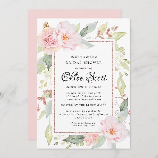 ピンクエレガントフローラ及びバラ金ゴールドブライダルシャワー 招待状 (正面/裏面)