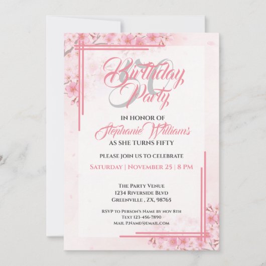 ピンクエレガントフローラ女子50誕生日 招待状 (正面)