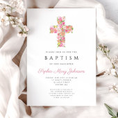 ピンクエレガントフローラ宗教十字洗礼 招待状