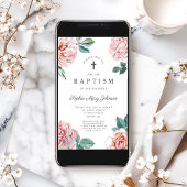 ピンクエレガントフローラ宗教十字洗礼 招待状