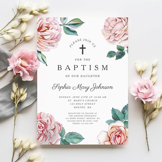 ピンクエレガントフローラ宗教十字洗礼 招待状