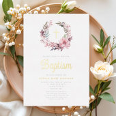 ピンクエレガントフローラ宗教女子バプテスマ 箔招待状