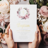 ピンクエレガントフローラ宗教女子バプテスマ 箔招待状