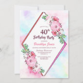 ピンクエレガントフローラ幾何学的40歳の誕生日 招待状 (正面)