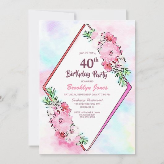 ピンクエレガントフローラ幾何学的40歳の誕生日 招待状 (正面)