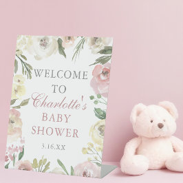ピンクエレガントフローラ春ベビーシャワーへようこそ 台座サイン