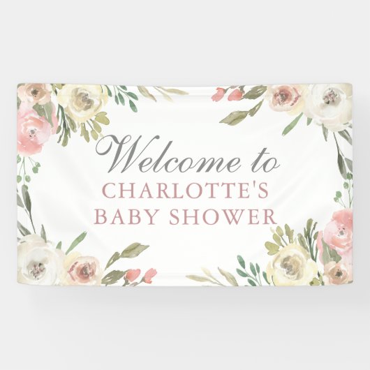 ピンクエレガントフローラ春ベビーシャワーへようこそ 横断幕 (横)