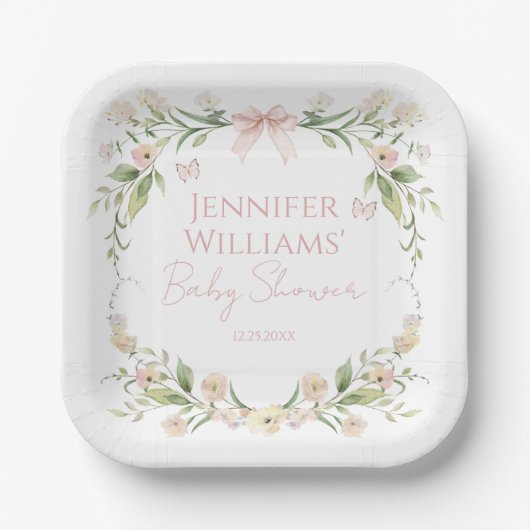 ピンクエレガントフローラ春夏のベビーガールシャワー ペーパープレート (正面)