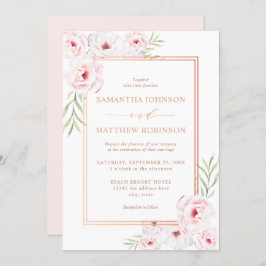 ピンクエレガントフローラ水彩バラ金ゴールド結婚ズ 招待状