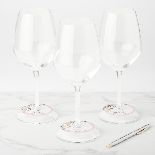ピンクエレガントフローラ水彩ブライダルシャワー ワイングラスタグ (セット)