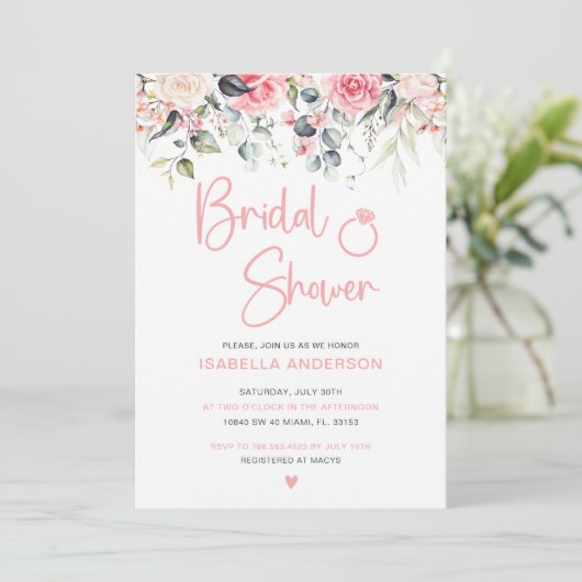 ピンクエレガントフローラ水彩ブライダルシャワー 招待状 (スタンド正面)