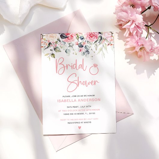 ピンクエレガントフローラ水彩ブライダルシャワー 招待状