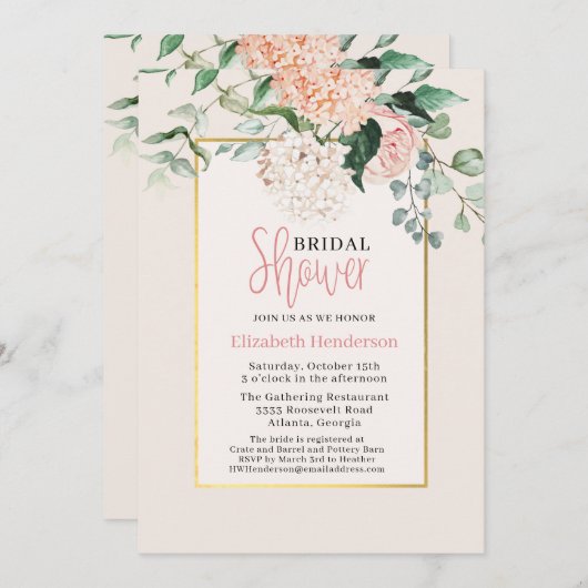 ピンクエレガントフローラ水彩ブライダルシャワー 招待状 (正面/裏面)